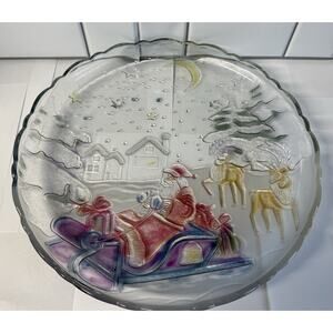 Christmas Colored Embossed and Frosted Glass 14" Santa Sleigh Platter, Unique